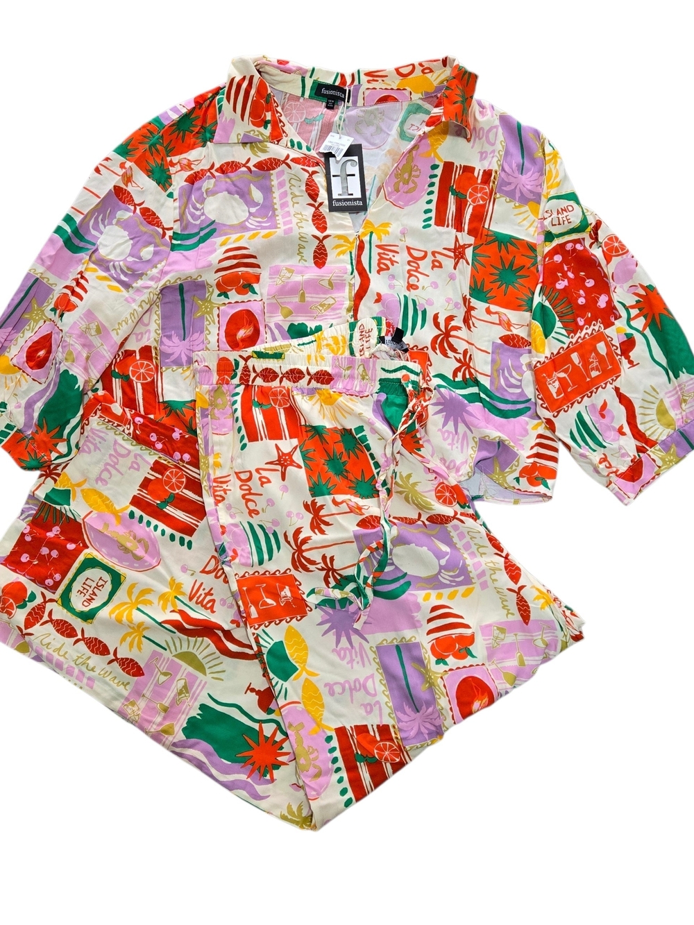 Tropical Patchwork Button Cropped Tie Front Top Pull On Pants Set Vacation 3X